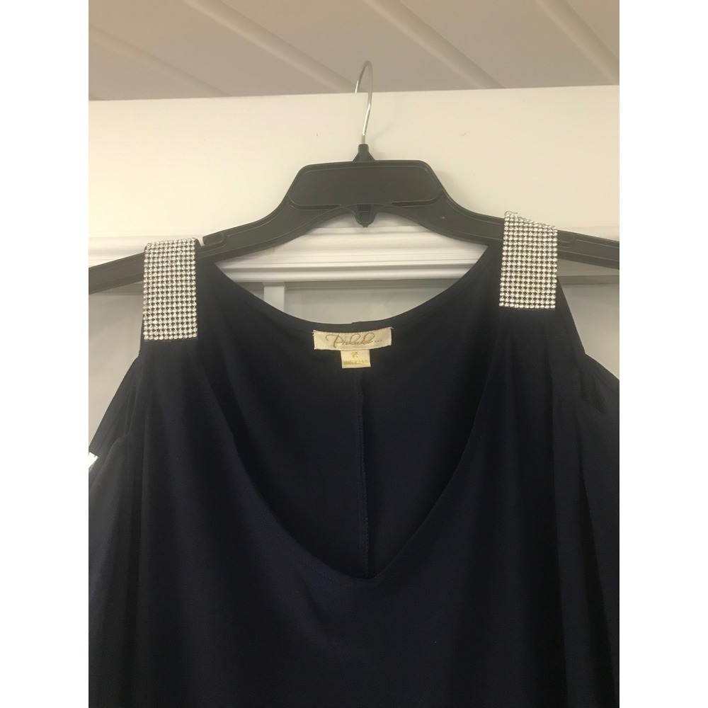 Prelude Cold Shoulder Dress Rhinestone Embellished Shoulder Navy Blue‎ Size 14